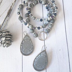 Grey bead, silver, and crystal earring and bracelet set